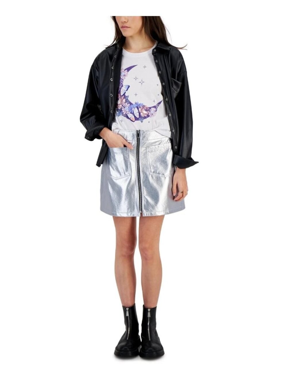 Tinseltown Juniors Mini Skirt Front Patch Pockets Metallic Silver Size XS NWT